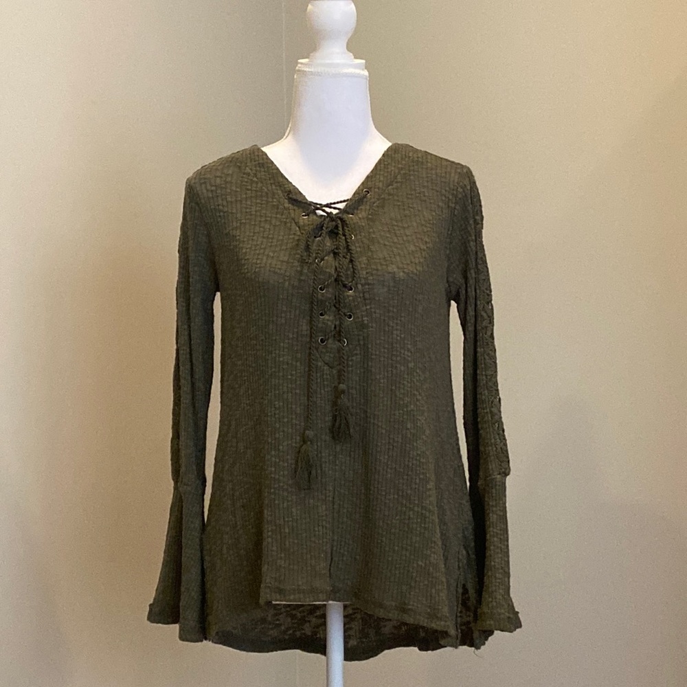 Olive Green, Peasant-Style, Relaxed Fit Top with Bell Sleeves